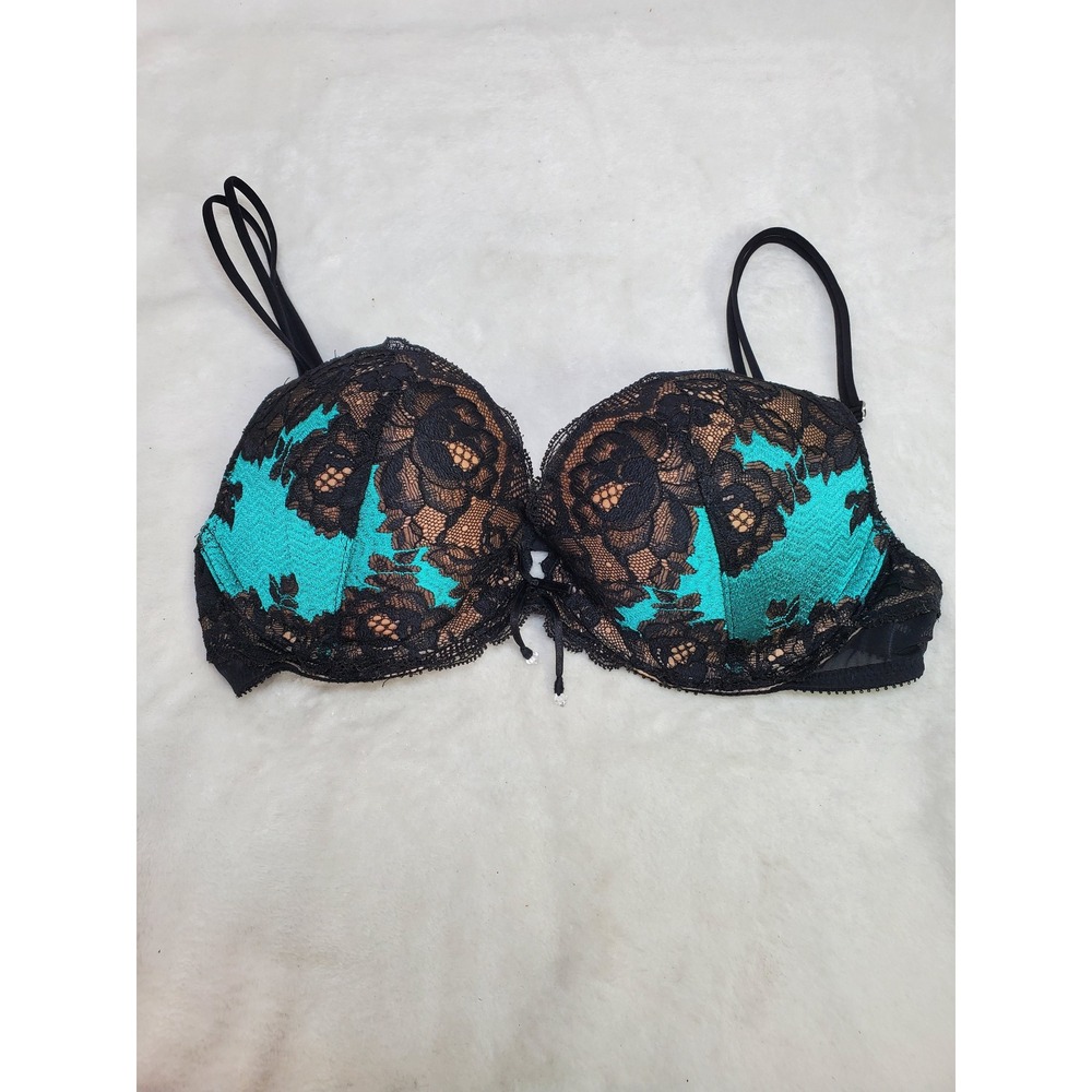 Victoria's Secret Turquoise Black Lace Push Up Bra Burlesque Size 34B Feminine